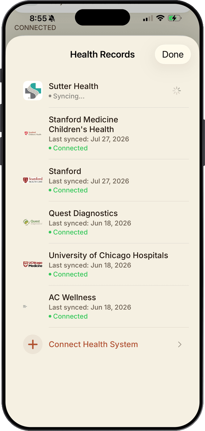 UniqueHuman Health Records screen showing connected health systems